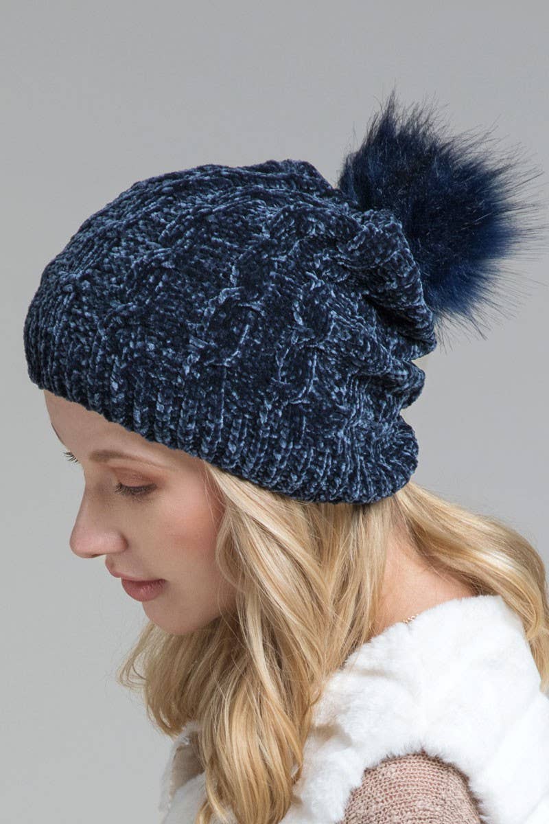 Chenille Cable Knit Beanie: NAVY