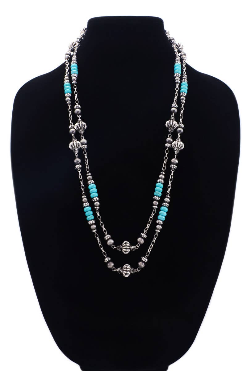 Western Layered Semi Stone Beaded Necklace: Turquoise(SBTQ) / OS