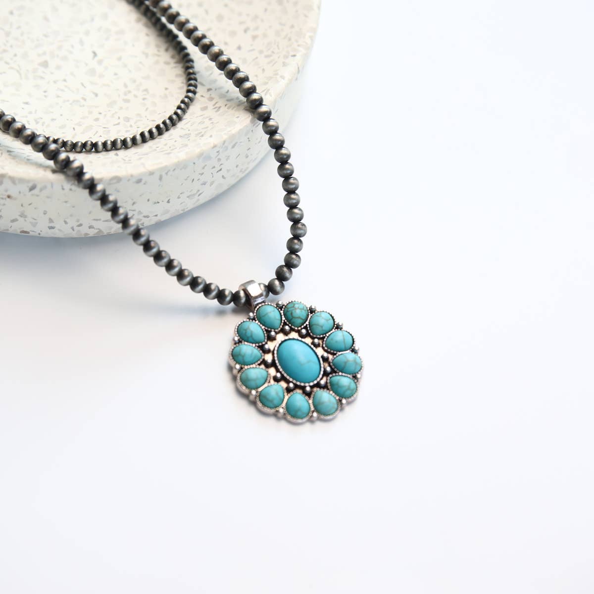 Turquoise Floral Pendant and Slate Necklace