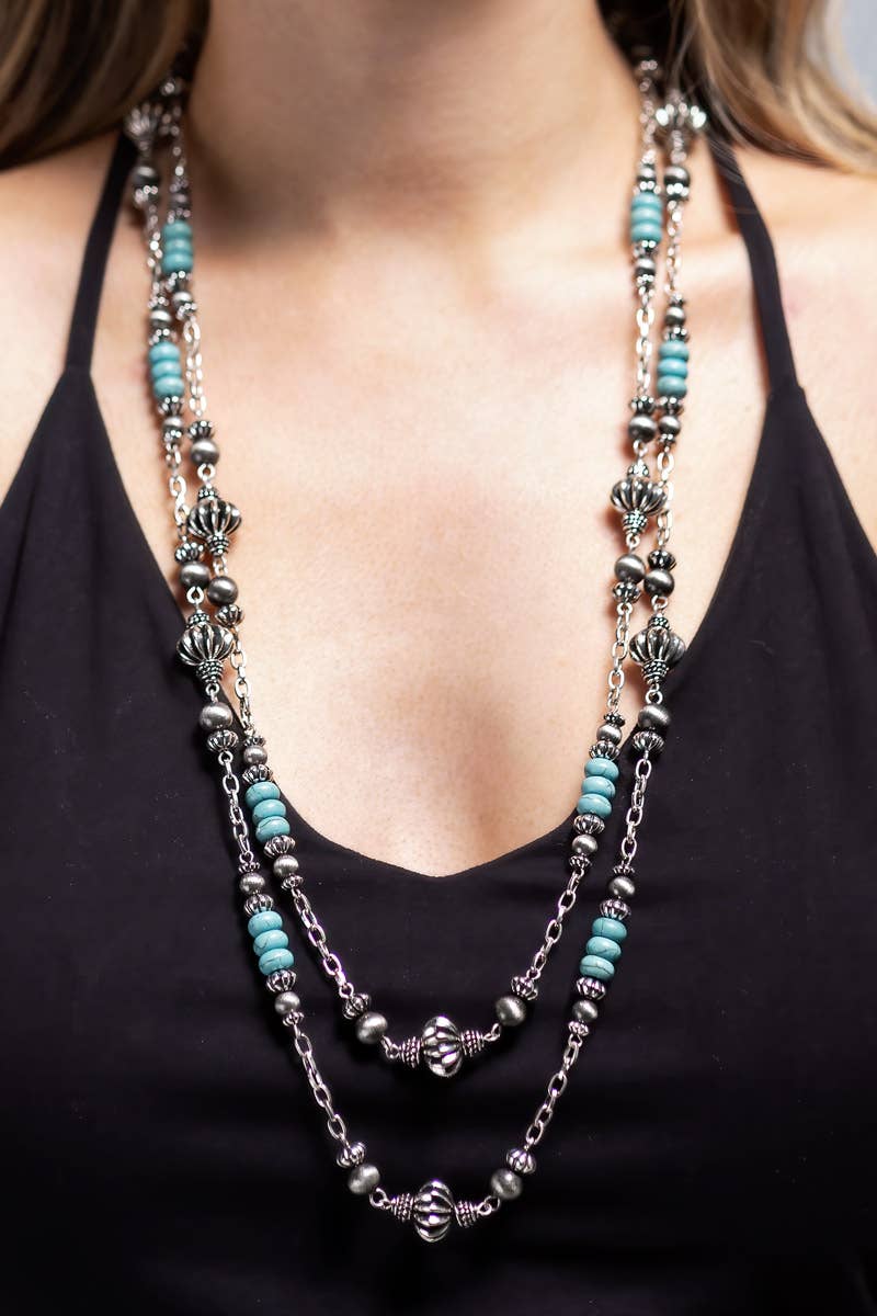 Western Layered Semi Stone Beaded Necklace: Turquoise(SBTQ) / OS