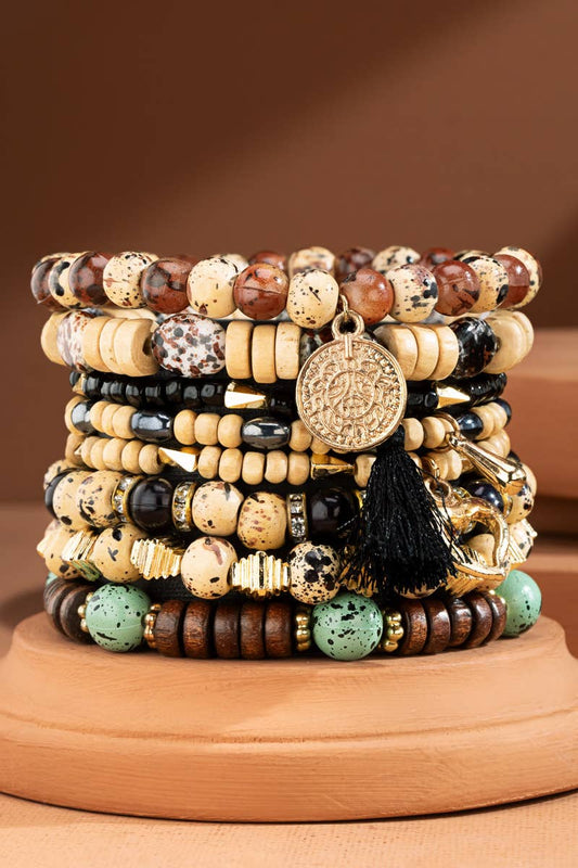 8 Layered Natural Stone & Multi-Bead Bracelet: Brown(Gdbrw) / OS