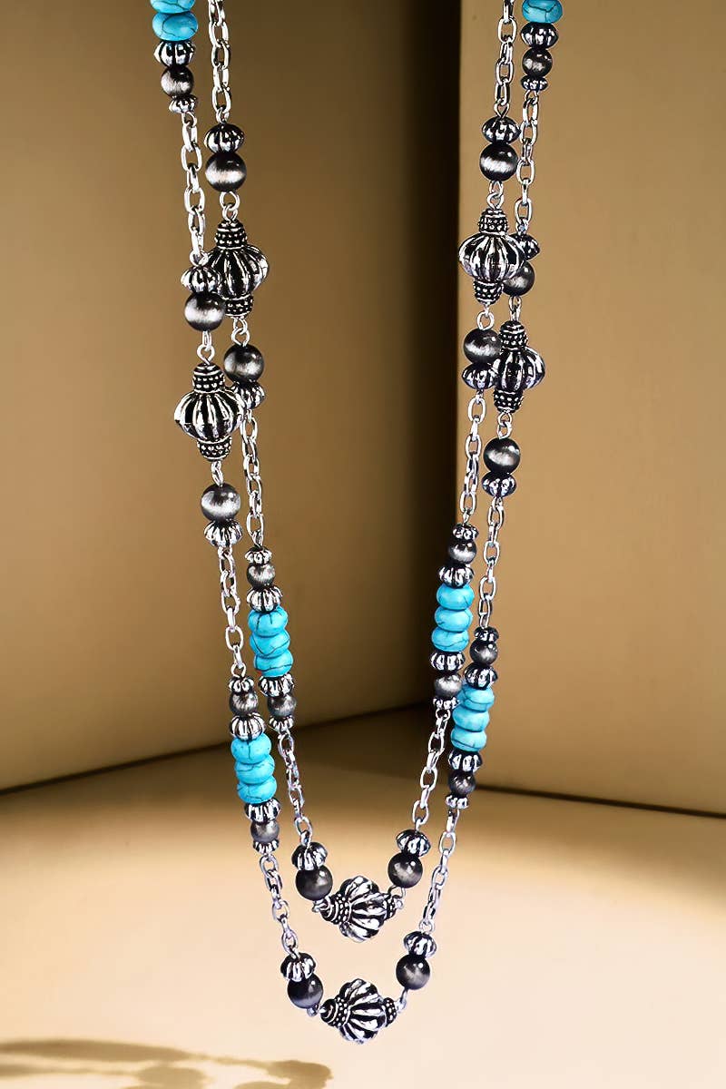 Western Layered Semi Stone Beaded Necklace: Turquoise(SBTQ) / OS