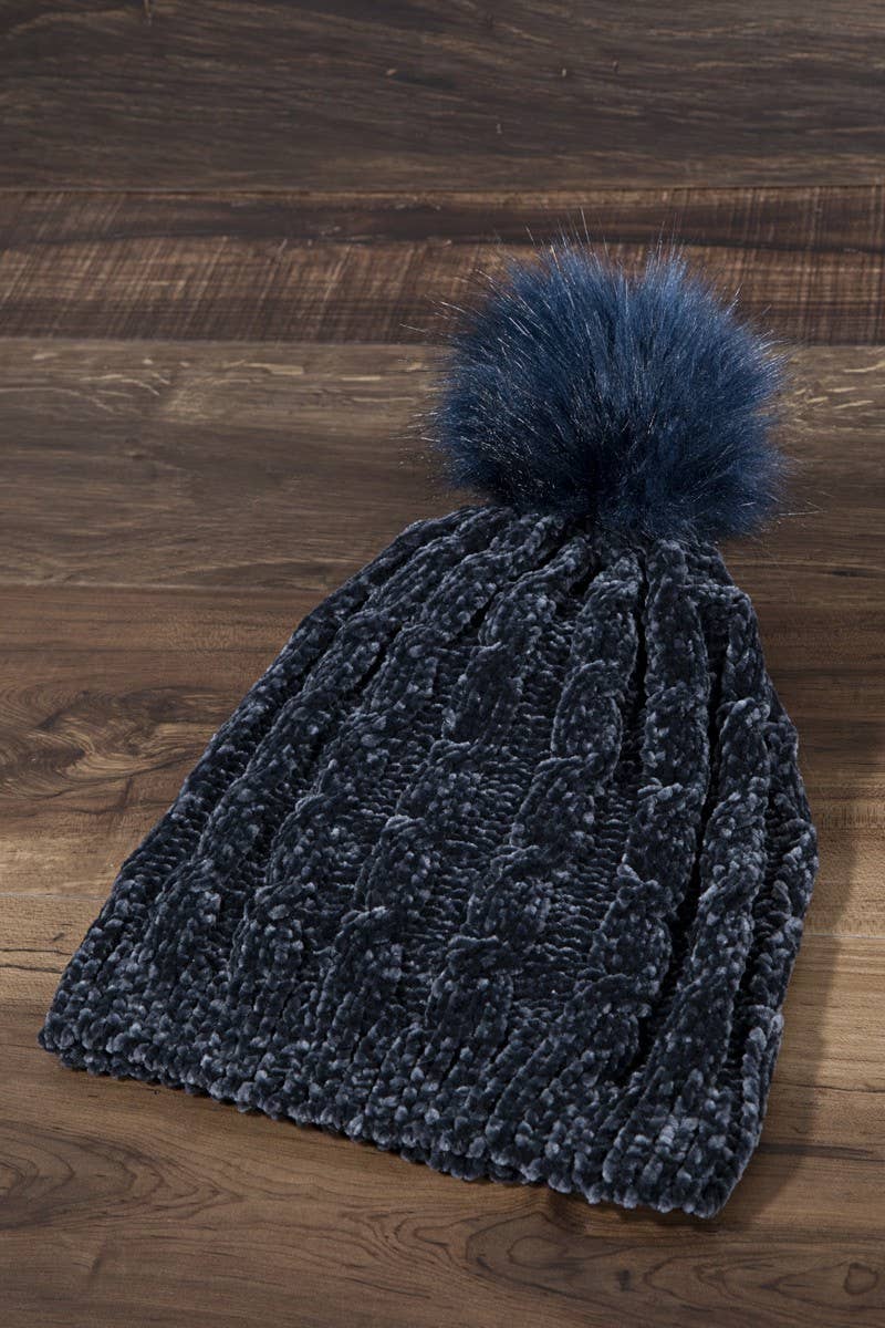 Chenille Cable Knit Beanie: NAVY