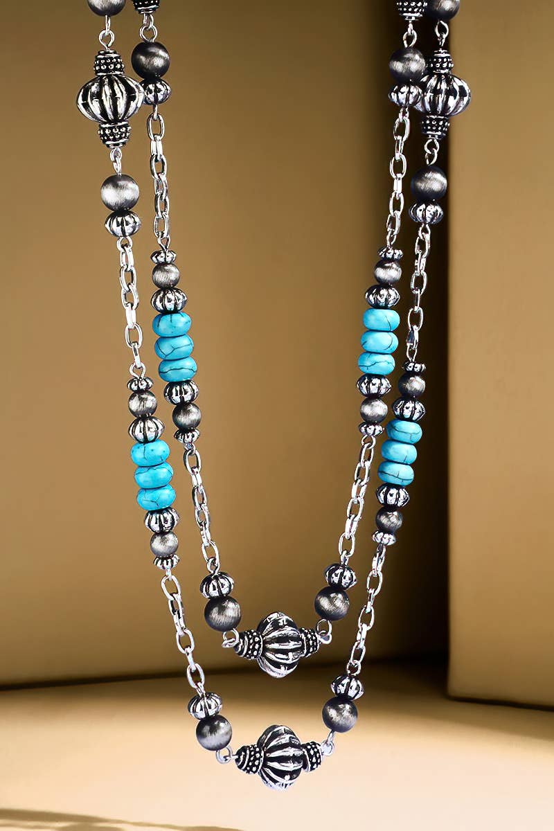 Western Layered Semi Stone Beaded Necklace: Turquoise(SBTQ) / OS