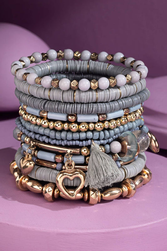 12 Layered Mixed Beaded  Bracelet Set: Gdmgr-Grey / OS