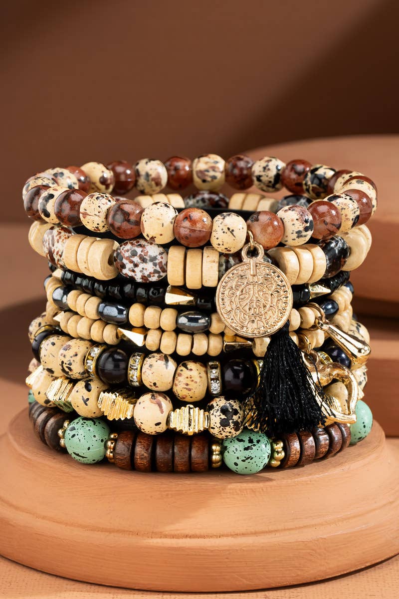 8 Layered Natural Stone & Multi-Bead Bracelet: Brown(Gdbrw) / OS